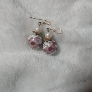 Elegant Pearl and Cloisonne Drop Earrings featuring a Floral Design.